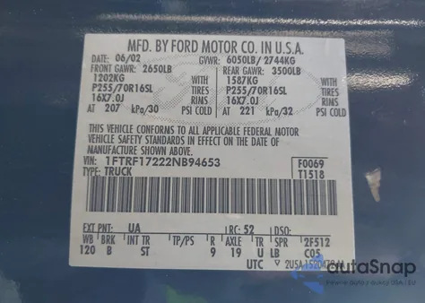 2002 Ford F-150 Xl/Xlt из США, поврежденный, VIN 1FTRF17222NB94653